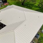 Aerial perspective of a house with metal roofing