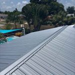 High-angle view of a metal-roofed home