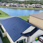 Overhead shot of rooftops in a neighborhood